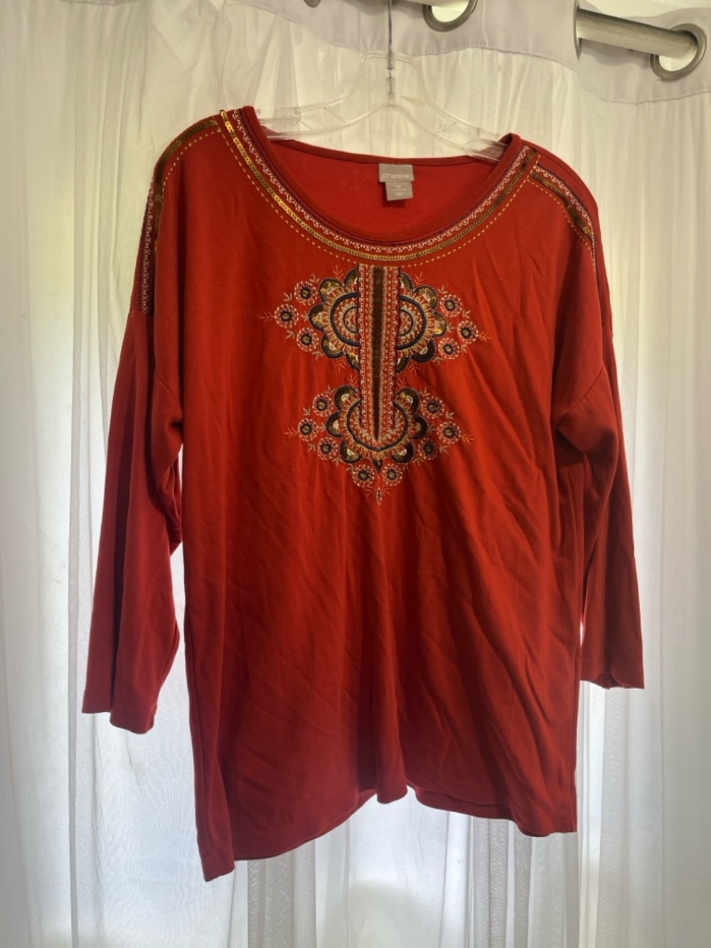 Chico's Embroidered Orange Red 3/4 Sleeve cottagecore size medium embroidered